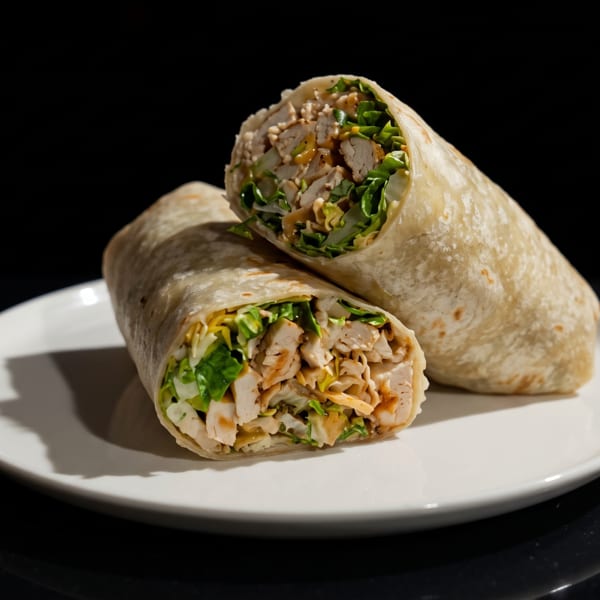 Two grilled chicken shawarma wraps filled with lettuce and sauce, stacked on a white plate against a dark background.