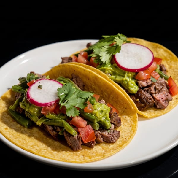 Three steak tacos topped with guacamole, diced tomatoes, radishes, cilantro, and green peppers on a white plate.