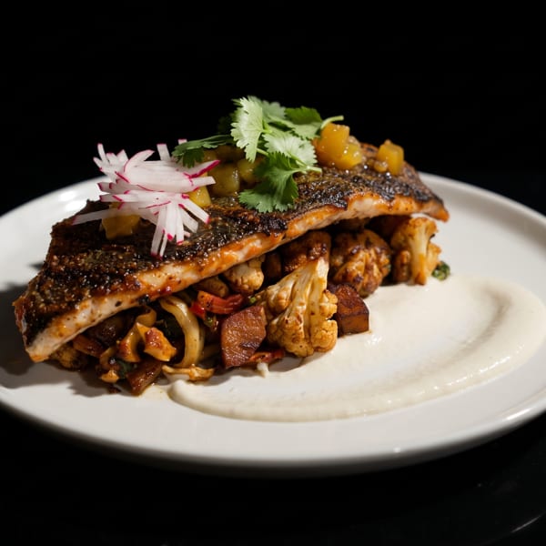 Seared fish fillet with roasted vegetables, cilantro, sliced radishes, and creamy sauce on a white plate.