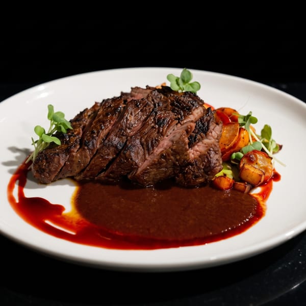 Sliced grilled steak with charred vegetables, microgreens, and rich brown sauce on a white plate.