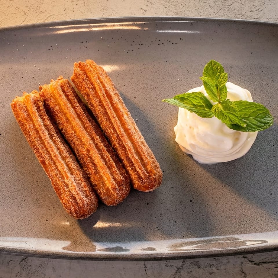 Three churros dusted with cinnamon sugar, served with a scoop of vanilla ice cream and mint on a gray plate.