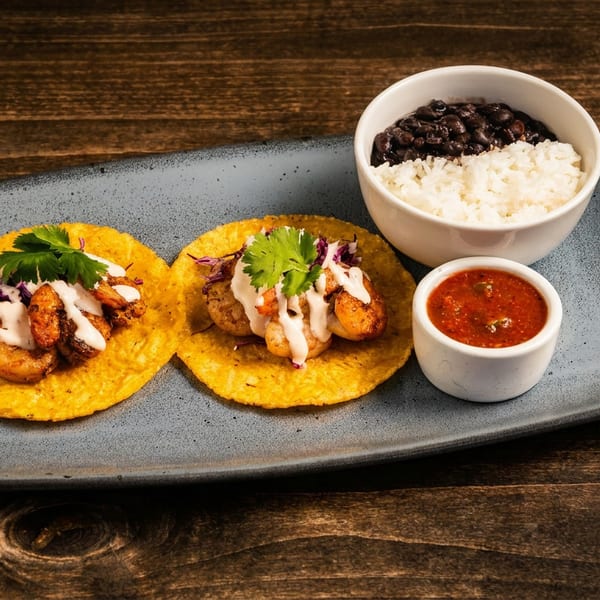 Two shrimp tacos with cilantro, a side of rice and black beans, and salsa on a gray plate.